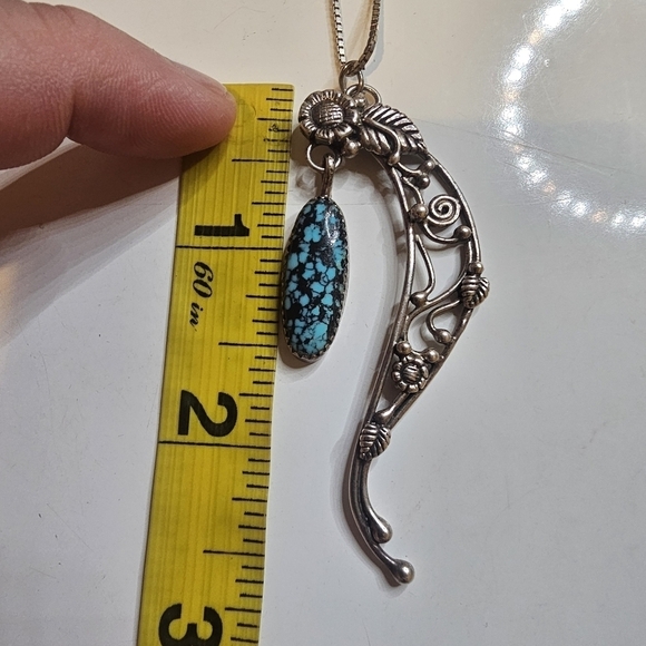 AMAZING Sterling Turquoise Dangle Floral Botanical Pendent .925 Silver Chain - Picture 9 of 10
